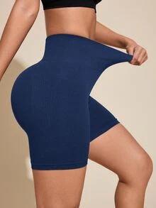 SHEIN Rhythm Era 大码女式纯色高腰休闲健身短裤 - 藏蓝色 - 查看 3
