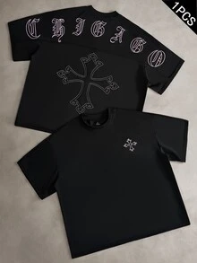 PAVTROS 男士標準版 3D十字圖案短袖圓領T恤，休閒街頭風，黑粉配色拼接 - 黑色 - 查看 1