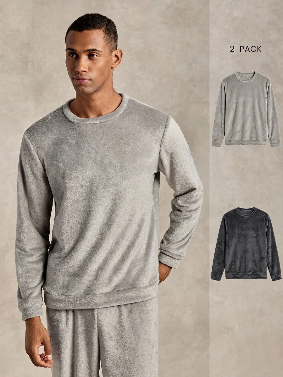 EverLounge Men's Autumn/Winter Minimalist Basic Casual Comfortable Light Gray & Dark Gray Flannel Pajama Tops, 2 Pieces Set - Multicolor - View 1