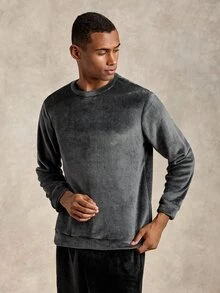 EverLounge Men's Autumn/Winter Minimalist Basic Casual Comfortable Light Gray & Dark Gray Flannel Pajama Tops, 2 Pieces Set - Multicolor - View 7