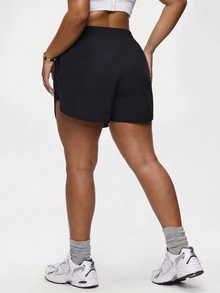 SHEIN Rhythm Era Women's Plus Size Elastic Waist Casual Versatile Daily Wear Sports Shorts - Black - View 2
