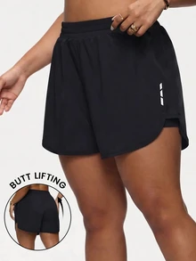 SHEIN Rhythm Era Women's Plus Size Elastic Waist Casual Versatile Daily Wear Sports Shorts - Black - View 6