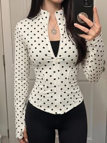 SHEIN EZwear 女款黑白波點長袖前拉鍊修身夾克，秋季健身運動休閒街頭風，適合運動健身、走路穿著 - 杏色 - 查看 9