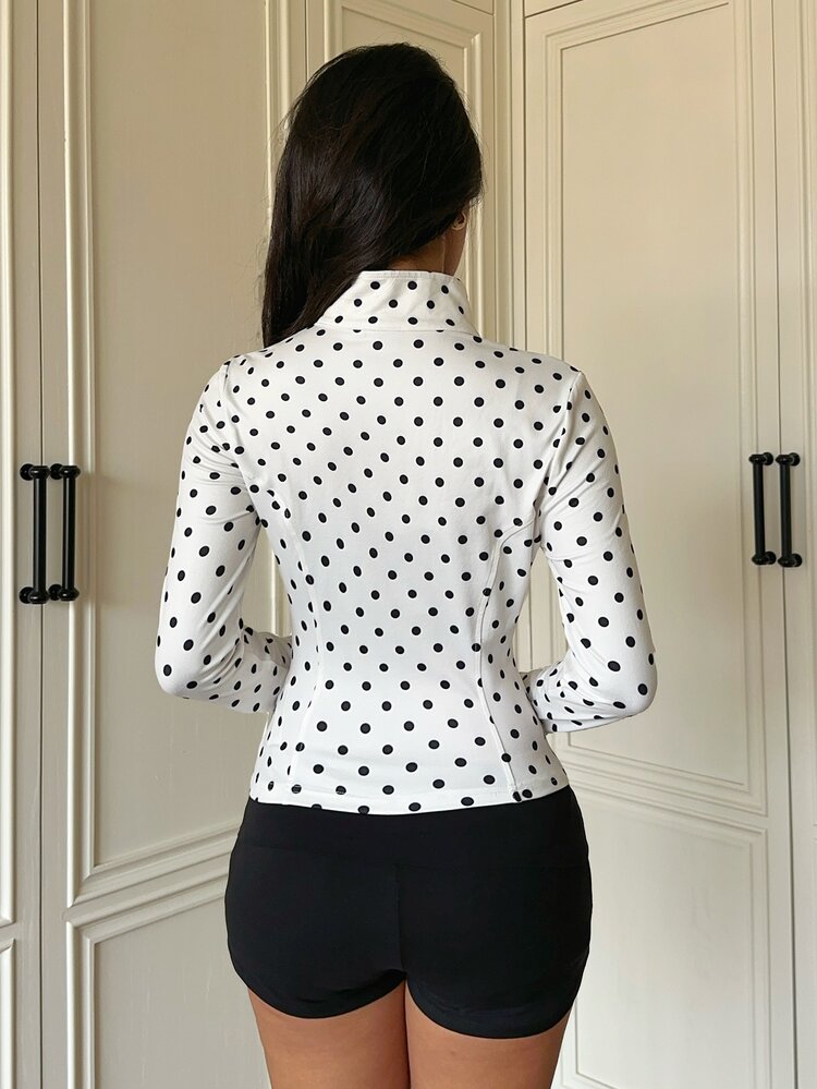 SHEIN EZwear White And Black Polka Dot Women's Long Sleeve Zipper Front Slim Fit Jacket Gym Autumn Athleisure Streetwear Casual Baggy Exercise Workout Walking - Apricot - View 2