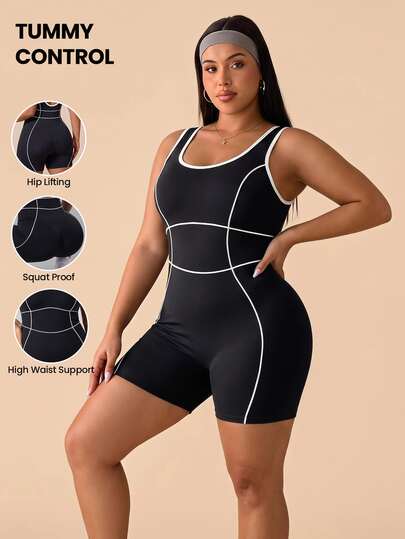 SHEIN Rhythm Era رومبير رياضي قصير للنساء مقاس كبير بتصميم كتل لونية وحواف ملونة بدون أكمام بقصة ضيقة