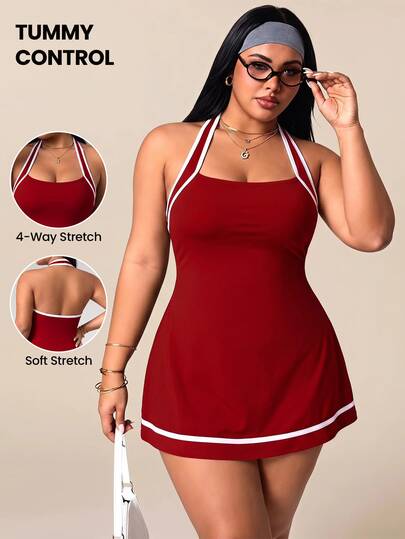 SHEIN Rhythm Era Spring/Summer Plus Size Women's Sports Dress, Red Colorblock Halter Neck Backless Hemline With Contrast Stripe Patchwork, Includes Detachable Shorts With Pockets, Suitable For Casual Wear, Running, Yoga, Gym, Tennis, Golf, Cycling