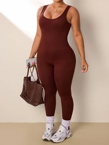 Rhythm Era Plus Size Women Solid Color Scoop Neck Fitted Sleeveless Jumpsuit - Brown - View 7