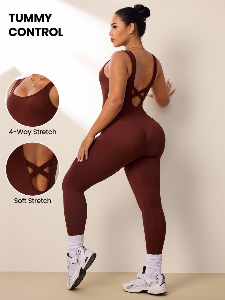 Rhythm Era Plus Size Women Solid Color Scoop Neck Fitted Sleeveless Jumpsuit - Brown - View 1