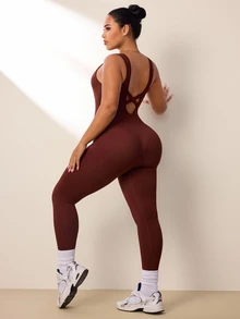 Rhythm Era Plus Size Women Solid Color Scoop Neck Fitted Sleeveless Jumpsuit - Brown - View 9