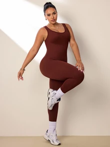Rhythm Era Plus Size Women Solid Color Scoop Neck Fitted Sleeveless Jumpsuit - Brown - View 5
