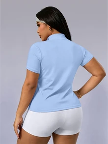 SHEIN Rhythm Era Plus Size Women Solid Color Short Sleeve Zipper Design Sports Sweatshirt - Baby Blue - View 2