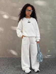 SHEIN 兒童青少年女孩極簡時尚百搭牛仔長袖圓領衛衣套裝，秋冬/四季穿著 - 白色 - 查看 4