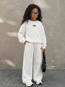 SHEIN 兒童青少年女孩極簡時尚百搭牛仔長袖圓領衛衣套裝，秋冬/四季穿著 - 白色 - 查看 3