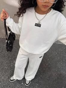 SHEIN 兒童青少年女孩極簡時尚百搭牛仔長袖圓領衛衣套裝，秋冬/四季穿著 - 白色 - 查看 5