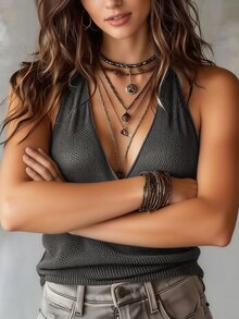 Glimmora Women's Solid Color Wrap Backless Halter Knit Top - Dark Grey - View 6