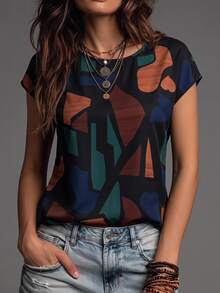 EMERY ROSE Women's Summer Geometric Print Batwing Sleeve Casual Shirt,Short Sleeve Tops - Multicolor - View 1