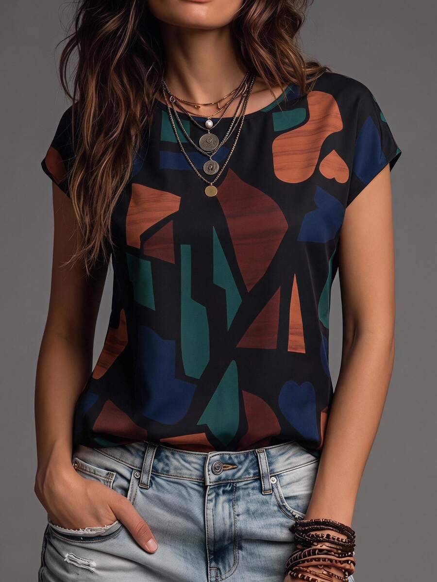 EMERY ROSE Women's Summer Geometric Print Batwing Sleeve Casual Shirt,Short Sleeve Tops - Multicolor - View 1