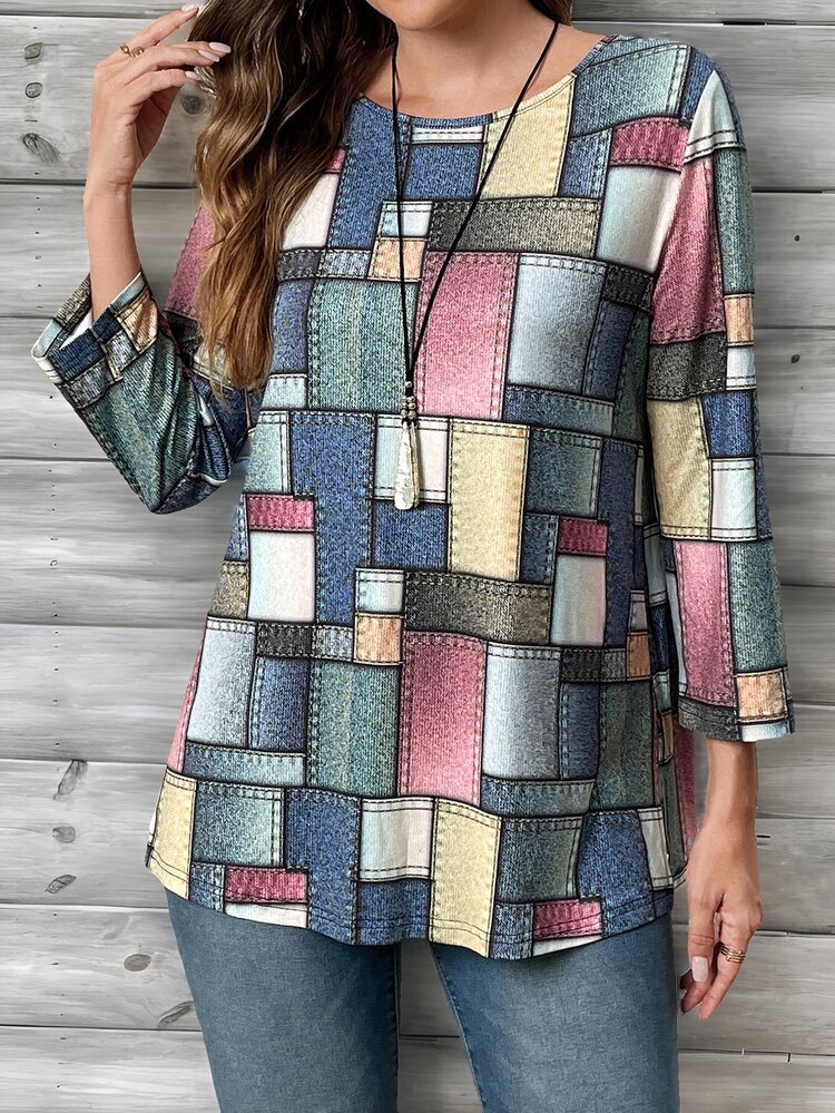 EMERY ROSE Women's Casual Plaid Print 3/4 Sleeve T-Shirt - Multicolor - View 5
