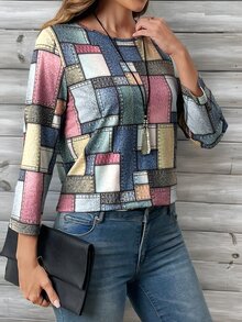 EMERY ROSE Women's Colorful Patchwork Print Long Sleeve Round Neck Casual T-Shirt Top - Multicolor - View 5