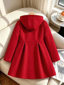 SHEIN Sparklyn Tween Girl Solid Color Long Sleeve Single-Breasted Bow Decor Cute Hooded Overcoat - Red - View 2