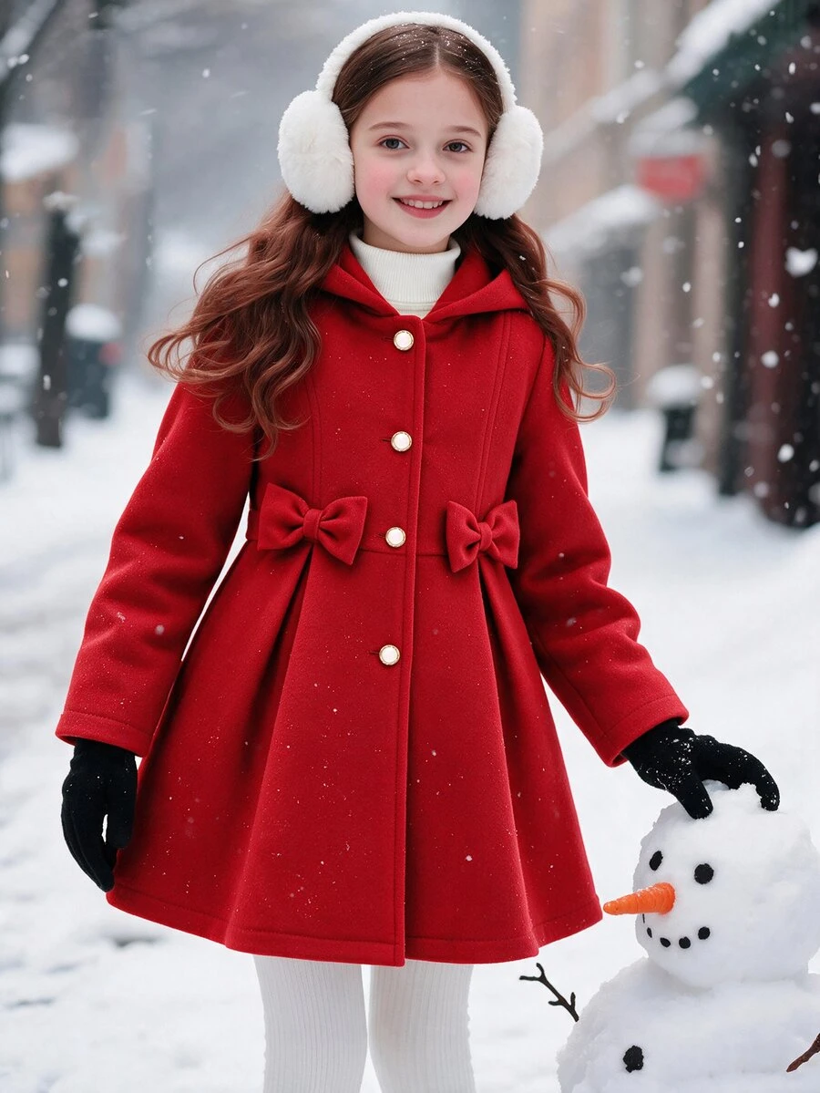 SHEIN Sparklyn Tween Girl Solid Color Long Sleeve Single-Breasted Bow Decor Cute Hooded Overcoat - Red - View 1