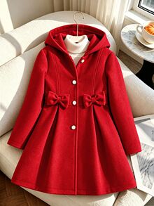 SHEIN Sparklyn Tween Girl Solid Color Long Sleeve Single-Breasted Bow Decor Cute Hooded Overcoat - Red - View 5