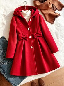 SHEIN Sparklyn Tween Girl Solid Color Long Sleeve Single-Breasted Bow Decor Cute Hooded Overcoat - Red - View 4