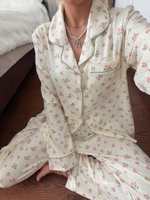 CottageSlumber Women's Autumn/Winter Romantic Ditsy Floral Front Button Patch Pocket Lapel Long Sleeve Long Pants Pajama Set Loungewear - Multicolor - View 6