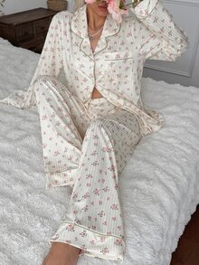 CottageSlumber Women's Autumn/Winter Romantic Ditsy Floral Front Button Patch Pocket Lapel Long Sleeve Long Pants Pajama Set Loungewear - Multicolor - View 7