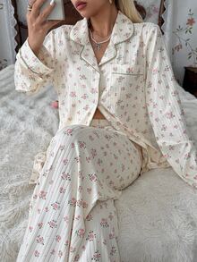 CottageSlumber Women's Autumn/Winter Romantic Ditsy Floral Front Button Patch Pocket Lapel Long Sleeve Long Pants Pajama Set Loungewear - Multicolor - View 5