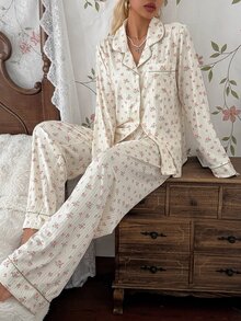 CottageSlumber Women's Autumn/Winter Romantic Ditsy Floral Front Button Patch Pocket Lapel Long Sleeve Long Pants Pajama Set Loungewear - Multicolor - View 4