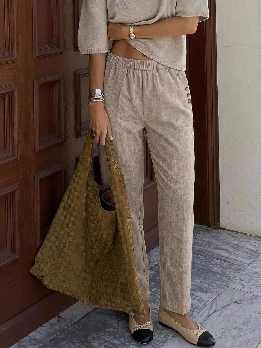 EMERY ROSE Women's Solid Color Linen Elastic Waist Pocket Pants - Apricot - View 1