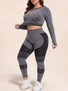 Rhythm Era Plus Size Cropped Top Leggings Sports Set Gym Pilates Gray Autumn - Black - View 6