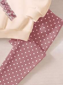 SHEIN LMoss Kids 可愛時尚 3D 波浪邊蝴蝶結圖案 嬰兒女童休閒軟舒適寬鬆圓領套頭衛衣與厚實波點內搭褲 2 件套，適合秋冬日常、上學、外出、萬聖節、聖誕節，甜美女孩風 - 彩色 - 查看 7