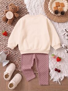 SHEIN LMoss Kids 可愛時尚 3D 波浪邊蝴蝶結圖案 嬰兒女童休閒軟舒適寬鬆圓領套頭衛衣與厚實波點內搭褲 2 件套，適合秋冬日常、上學、外出、萬聖節、聖誕節，甜美女孩風 - 彩色 - 查看 3