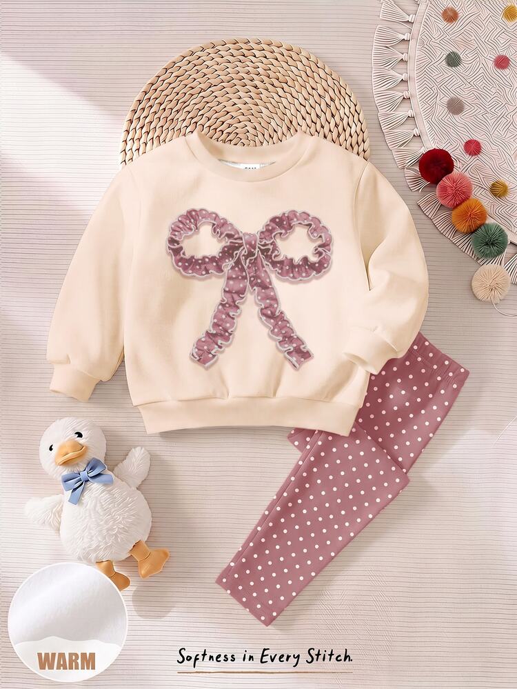 SHEIN LMoss Kids Cute Fashion 3D Wavy Edge Bow Pattern, Baby Girl Casual Soft Comfortable Loose Round Neck Pullover Sweatshirt & Thick Polka Dot Leggings 2 Pieces Set, Suitable For Autumn/Winter Daily, School, Outings, Halloween, Christmas, Fall Season, Girly Style - Multicolor - View 4