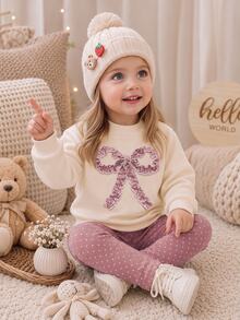 SHEIN LMoss Kids 可愛時尚 3D 波浪邊蝴蝶結圖案 嬰兒女童休閒軟舒適寬鬆圓領套頭衛衣與厚實波點內搭褲 2 件套，適合秋冬日常、上學、外出、萬聖節、聖誕節，甜美女孩風 - 彩色 - 查看 5
