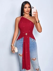 SOLERSUN 性感優雅女款單肩上衣，深紅色，適合萬聖節、聖誕派對、夜店、夏季 - 酒紅色 - 查看 6