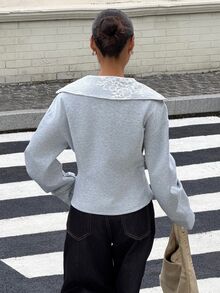 Muchica Women's Solid Color Drop Shoulder Long Sleeve Zipper Front Casual Regular Fit Jacket Back-To-School Everyday Student Gray Autumn - Grey - View 2