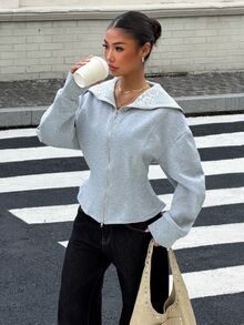 Muchica Women's Solid Color Drop Shoulder Long Sleeve Zipper Front Casual Regular Fit Jacket Back-To-School Everyday Student Gray Autumn - Grey - View 1