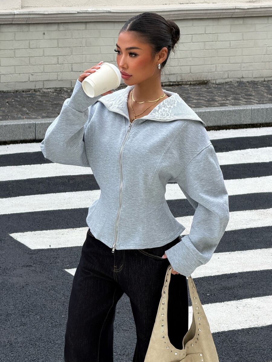Muchica Women's Solid Color Drop Shoulder Long Sleeve Zipper Front Casual Regular Fit Jacket Back-To-School Everyday Student Gray Autumn - Grey - View 1