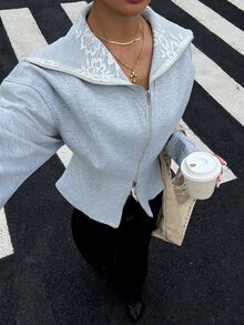 Muchica Women's Solid Color Drop Shoulder Long Sleeve Zipper Front Casual Regular Fit Jacket Back-To-School Everyday Student Gray Autumn - Grey - View 3