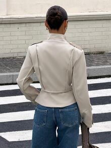 Muchica Women's Solid Color Studded Decor Casual Versatile Daily Wear Jacket - Beige - View 2