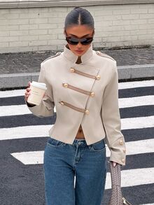 Muchica Women's Solid Color Studded Decor Casual Versatile Daily Wear Jacket - Beige - View 5
