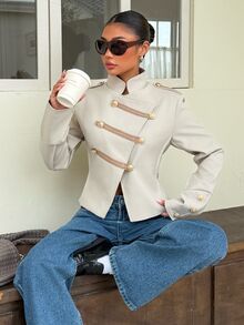 Muchica Women's Solid Color Studded Decor Casual Versatile Daily Wear Jacket - Beige - View 3