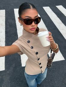Muchica Women's Fashion Versatile Asymmetrical Button Trench Coat Jacket Street Style - Khaki - View 5