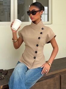 Muchica Women's Fashion Versatile Asymmetrical Button Trench Coat Jacket Street Style - Khaki - View 4