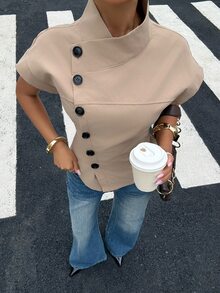 Muchica Women's Fashion Versatile Asymmetrical Button Trench Coat Jacket Street Style - Khaki - View 3