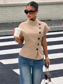 Muchica Women's Fashion Versatile Asymmetrical Button Trench Coat Jacket Street Style - Khaki - View 6