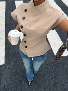 Muchica Women's Fashion Versatile Asymmetrical Button Trench Coat Jacket Street Style - Khaki - View 1